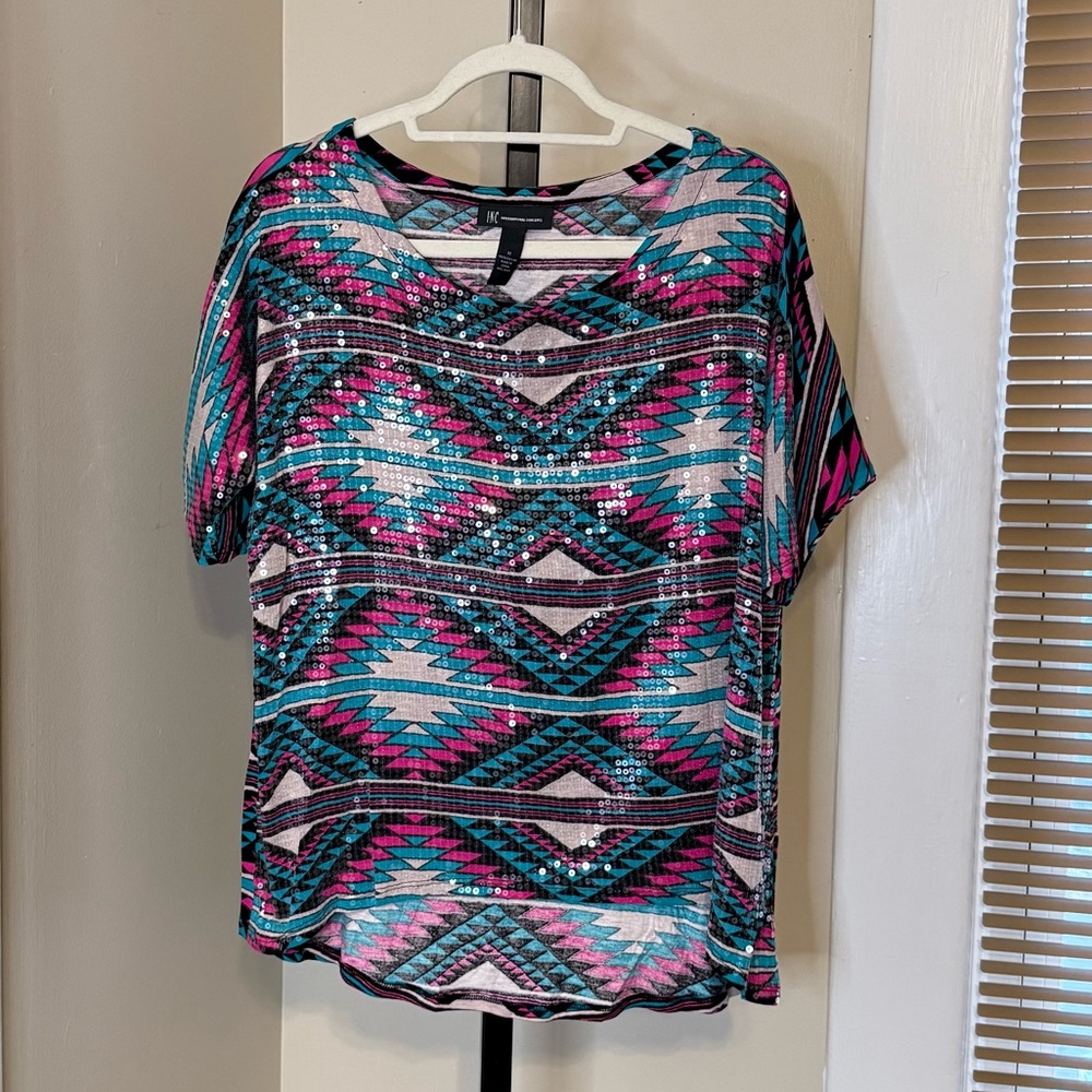 INC International Concepts Teal and Pink Geometric Top